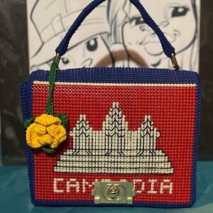 Cambodia Themed Red and Blue Handbag